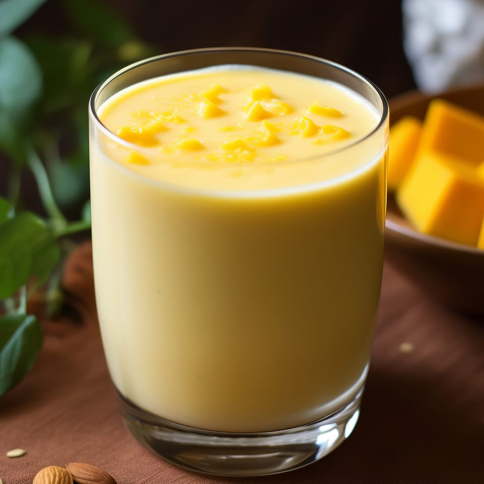 A glass of creamy yellow mango lassi with diced mango pieces, next to whole almonds.