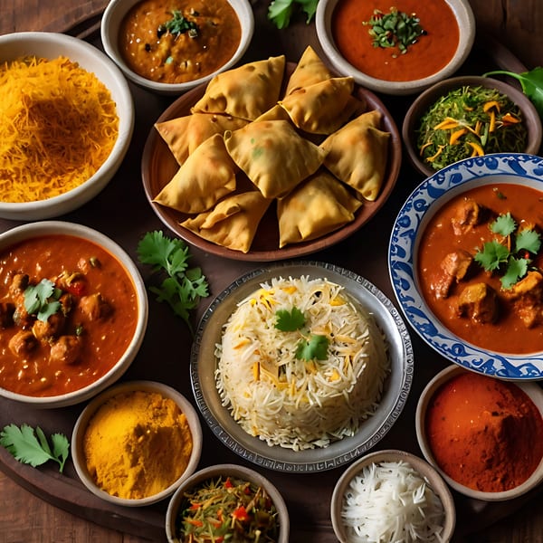 A vibrant spread of Indian dishes, including samosas, curries, rice, and spices, on a wooden tray.
